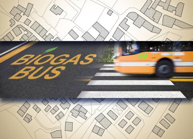 Urban scene with bus powered by biofuel on a city street - Carbon neutral transportation concept with an imaginary city map