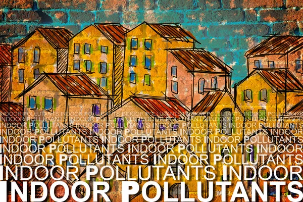 Indoor air pollutants against a buildings background - concept image with copy space.