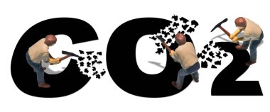 CO2 concept with miniature of construction worker who demolish the text with a pick axe 