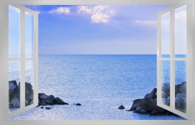 Calm mediterranean sea in a sunny day with horizon over water - concept seen from an open white window