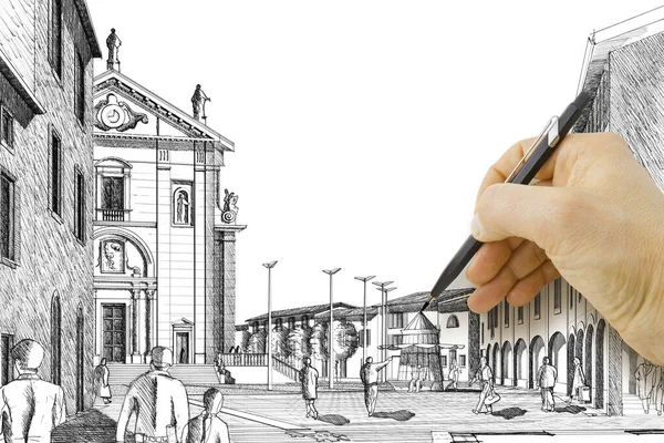 Hand drawing with a pencil a sketch of an old italian city