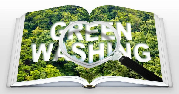 Avviso Greenwashing Concetto Libro Aperto Reale Con Testo Contro Una — Foto Stock