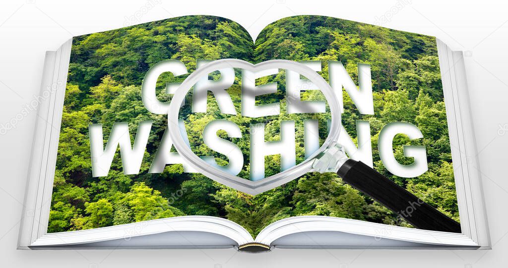 Alert to Greenwashing - Real opened book concept with text against a forest and trees and magnifying glass