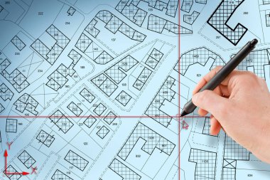 dwg biçiminde bilgisayar yazılımı - el ve dijital kalem ile konsept - bir CAD (Bilgisayar Destekli Tasarım) ile binalar ve arazi grafikleri çizilmiş hayali kadastro bölge haritası