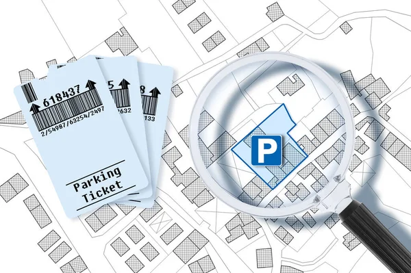 Hledáte Parkování Městě Koncept Parkovacími Lístky Nad Imaginární Mapou Města — Stock fotografie