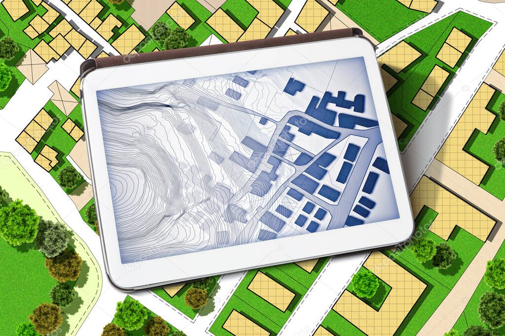 Imaginary cadastral map of territory with buildings, land parcel and green areas with trees - concept with a digital tablet