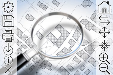 Bölgesel bilgi - kavramı görüntü binalar, yollar ve web gezinti simgesi ile bölge, hayali bir kadastro harita ve kadastro harita Online Konsültasyon