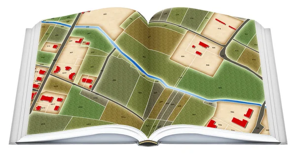Real opened book with imaginary cadastral and city map with buildings, land parcel and vacant plot - concept isolated on white for easy selection