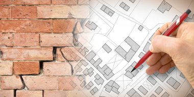 Areas of the city with subsidence phenomena that damage buildings - concept with an imaginary city map and cracked brick wall clipart