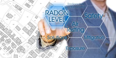 Şehirlerimizdeki radon gazı tehlikesi - yönetici kavramı dijital ekran ve hayali şehir haritasına karşı ikonlara işaret ediyor