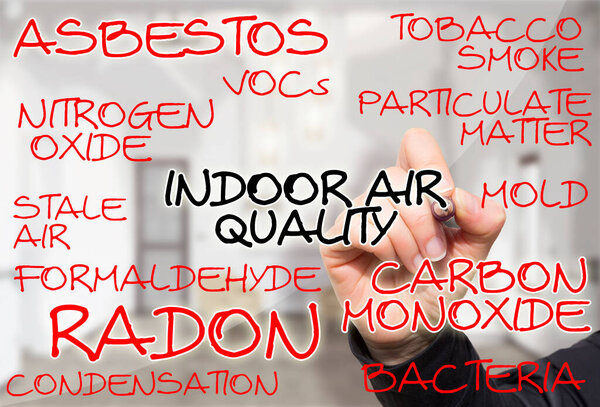 Layout about the most common dangerous domestic pollutants we can find in our homes which cause poor indoor air quality and chronic disease - Sick Building Syndrome concept illustration with hand writing with a pencil on glass wall. 