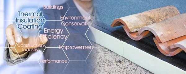 Roof thermal insulation with polystyrene panels covered with waterproof membrane - Thermal Insulation Coating and Building Energy Efficiency concept with business manager