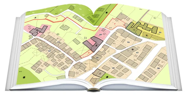 Real opened book with imaginary cadastral and city map with buildings, land parcel and vacant plot - concept isolated on white for easy selection