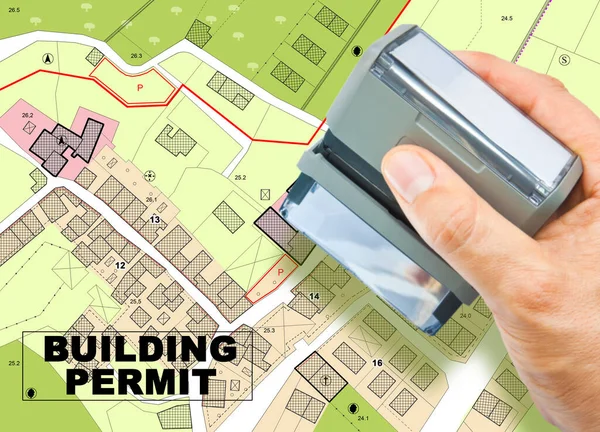 Imaginary General Urban Plan and cadastral map with indications of urban destinations and Buildings Permit stamp