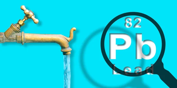 Presença Chumbo Água Potável Conceito Com Tabela Periódica Mendeleev Torneira — Fotografia de Stock
