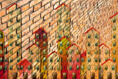 Tuğla bir duvarda şehir manzarası olan bir konut imajı - Bu resimde kullanılan graffiti resimlerinin telif hakkı sahibiyim.