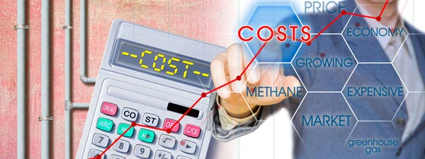 Increase in the cost of european gas - concept with growing chart about the costs of methane or propane gas, business man and and calculator