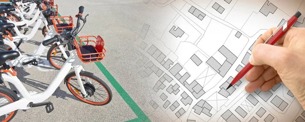 Noleggio Biciclette Parcheggiate Strada Eco Trasporto Alternativo Nel Concetto Città — Foto Stock