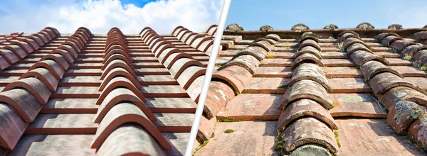 Old Damaged New Traditional Tuscan Terracotta Roof Covering Tuscany Italy — Stock Photo, Image