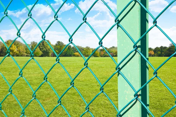 Trådnät Grön Metall Mot Grönområde Offentlig Park Eller Privat Egendom — Stockfoto