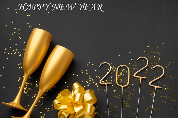 Champagne Bril Cadeau Boog Gelukkig Nieuwjaar 2022 — Stockfoto