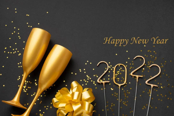 Champagne Bril Cadeau Boog Gelukkig Nieuwjaar 2022 — Stockfoto