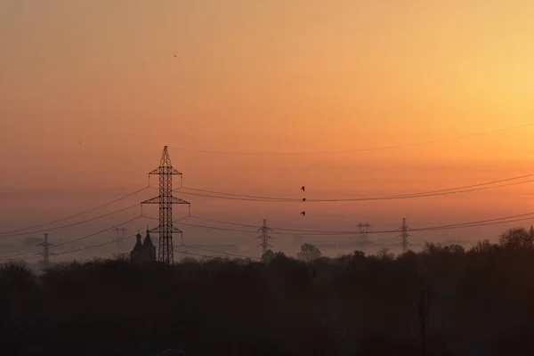 Лінії Електропередач Заході Сонця — стокове фото