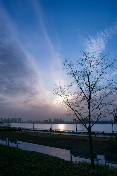 Zonsondergang Boven Huangpu Rivier Shanghai — Stockfoto