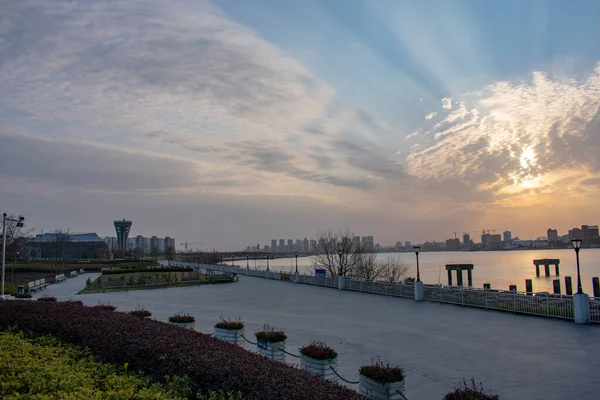 Coucher Soleil Sur Rivière Huangpu Shanghai Chine — Photo