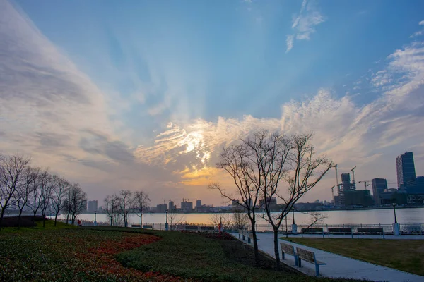 Zonsondergang Boven Huangpu Rivier Shanghai Stad China — Stockfoto