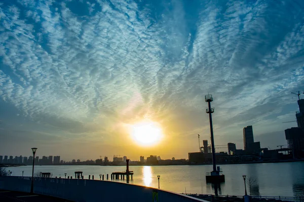 Zonsondergang Boven Huangpu Rivier Shanghai Stad — Stockfoto