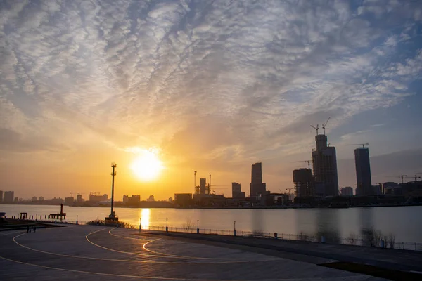 Sunset over the Huangpu river in Shanghai city