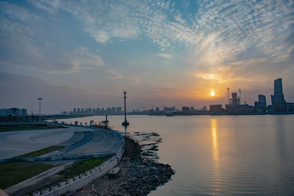 Sunset over the Huangpu river in Shanghai city
