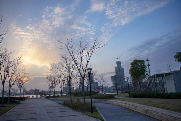 Puesta Sol Sobre Río Huangpu Ciudad Shanghai — Foto de Stock