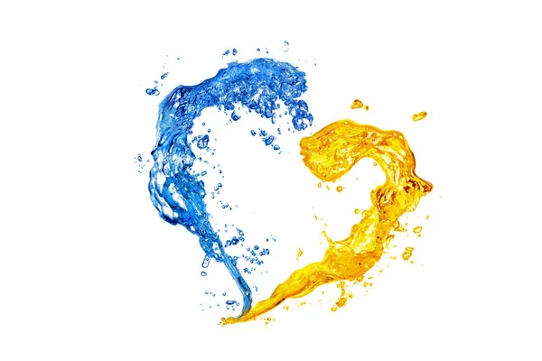 Heart Yellow Blue Water Splashes Bubbles Isolated White Backround National — Stock Photo, Image