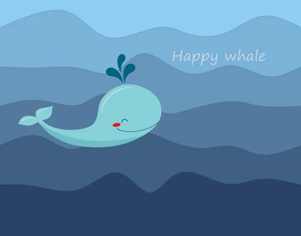 Happy blue whale on blue layered waves