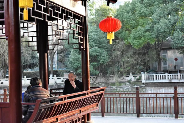 Lanternas Vermelhas Alcova Parque Público Shanghai China — Fotografia de Stock