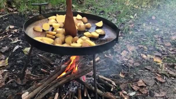 Овощная Сковорода Приготовленная Костре — стоковое видео