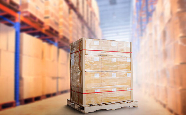 Package Boxes Wrapped Plastic Flim on Pallet in Storage Warehouse. Supply Chain. Storehouse Commerce Cargo Shipment. Shipping Warehouse Logistics.