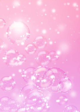 Güzel Şeffaf Pembe Sabun Köpükleri Arkaplanı. Kutlama, Beyaz Bokeh Bubbles Arkaplanı. Noel Duvar Kağıdı.