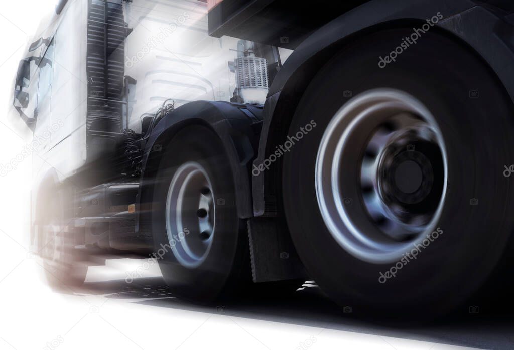Speeding Motion of Semi Truck Driving on the Road. Industry Cargo Freight Truck. Logistics and Cargo Transport Concept