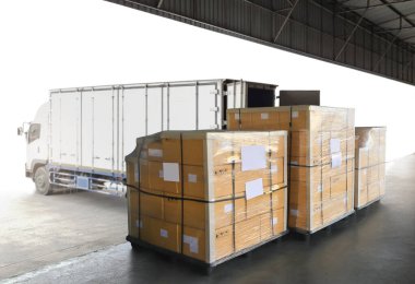 Paket Kutuları Paketlenmiş Plastik Film Paletlere Kargo Konteynırıyla Yükleniyor. Tedarik zinciri. Rıhtım deposuna yüklü kamyon. Teslimat Lojistiği. Kargo Nakliye Aracı Taşımacılığı.