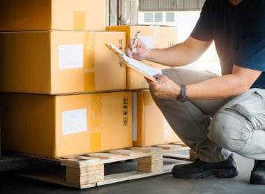 İşçi Holding Panosu. Ürünleri Envanter Yönetimi. Tedarik zinciri kargo sevkiyatı. Gönderen Stok Paket Kutuları Kontrol Ediyor.