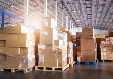 Ambalaj Kutuları Depo 'daki Paletlere Paketlenmiş Plastik Film. Tedarik zinciri. Depo Ticaret Sevkiyatı. Nakliye Deposu Lojistiği.