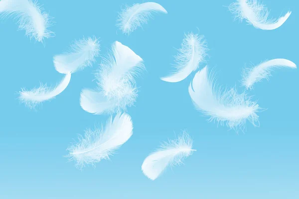Abstraktní Peří White Fluffly Feathers Falling Air Peří Modrém Pozadí — Stock fotografie