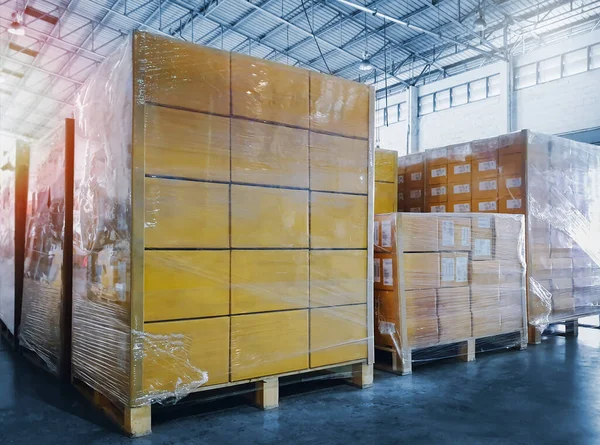 Packaging Boxes Wrapped Plastic Film Pallets Rack Storage Warehouse Supply — Stock Photo, Image