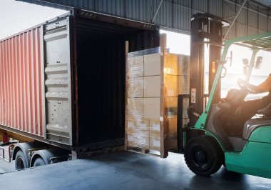 Forklift traktör yükleme kutuları liman deposundaki kargo konteynırına yükleniyor. Teslimat servisi. Depo Lojistiği sevkiyatı. Kargo Sevkiyatı. Nakliye Aracı Taşımacılığı.