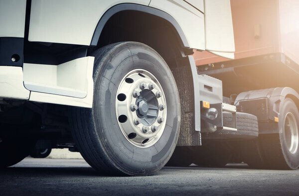 Semi Truck on the Parking. Truck Wheels Tires. Industry Cargo Freight Truck Transportation.