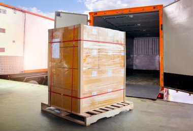 Paketleme Kutuları Paletlere Paketlenmiş Plastik Kargo Konteynırına Yükleniyor. Teslimat kamyonları rıhtım deposuna park etmiş. Tedarik zinciri müşterileri sevkiyat lojistiği. Nakliye Aracı TaşımacısıName.