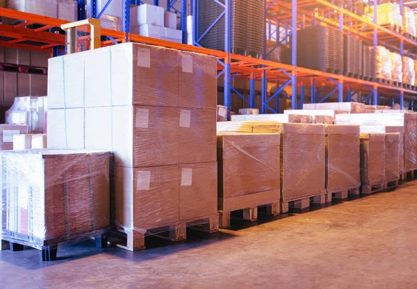 Packaging Boxes Wrapped Plastic Film Pallets Storage Warehouse Supply Chain — Stock Photo, Image